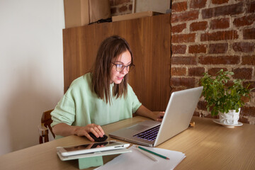 Beautiful young woman working on her laptop in her home office