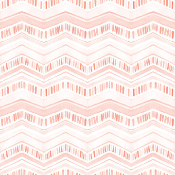 Coral pink watercolor zig zag seamless pattern. Hand painted modern geometric ornament.