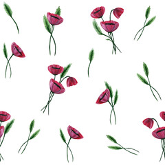Poppy seamless pattern. Red poppies and green leaves on a white background. For textiles, wallpapers, prints. Watercolor.