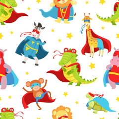 Superhero Animals Seamless Pattern, Cute Baby Animals Characters in Costumes, Textile, Wallpaper, Packaging, Background Design Cartoon Vector Illustration