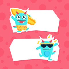 Cute Funny Monsters with Place for Your Text, Funny Monsters Characters Standing in front of Blank Banners Cartoon Vector Illustration