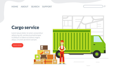 Cargo Service Landing Page Template, Delivery Truck with Cardboard Boxes and Male Courier, Fast Delivery Service Concept Flat Vector Illustration