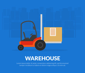 Warehouse Banner Template with Forklift Truck, Storage, Transportation and Cargo Services and Flat Vector Illustration