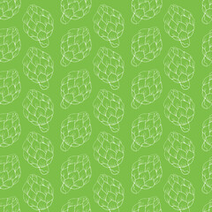 Seamless  pattern with  artichoke on a green background
Design  for  menu, banner,label,  emblem,kitchen print,logo, fermer  market.