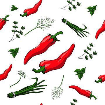 Seamless pattern with  red pepper,rosemary,green chives,basil,dill on white background.Cartoon style  vector illustration. Design for  textile,wrapping paper,kitchen print,wallpaper, fermer market.