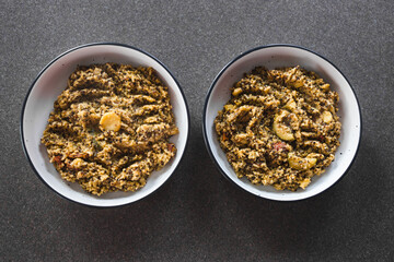 plant-based food, vegan pesto quinoa and rice with mediterranean vegetables