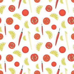 Seamless pattern with cartoon tomato, chili pepper, cherry tomato, lime. Food illustration on white background