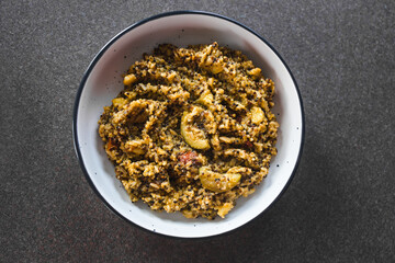 plant-based food, vegan pesto quinoa and rice with mediterranean vegetables