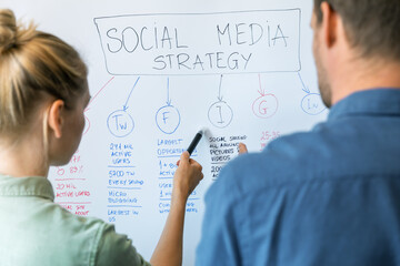 social media and influencer marketing concept - people discussing strategy plan on whiteboard in...