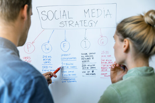 social media and influencer marketing concept - people discussing strategy plan on whiteboard in office