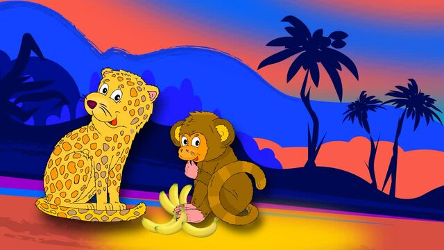 Animation of a meeting of a leopard and a little monkey.