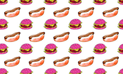 Seamless pattern with burger and hot dog. Hand drawn marker fast food illustration. Delicious food