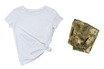 White t-shirt and green camouflage pants on a white background, t shirt mock up
