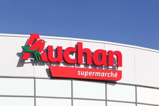Massieux, France - March 14, 2018: Auchan supermarket logo. Auchan is a French international retail group and It is one of the world's principal distribution groups with a presence in 15 countries