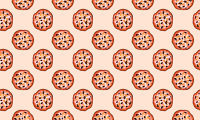 Watercolor sweets, seamless pattern. Bright biscuits. Delicious and tasty dessert. Hand drawn illustration for cafe or restaurant menu and decoration