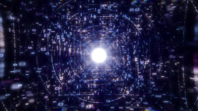 Technology cyberspace tunnel with blockchain information stream loop. Futuristic seamless cryptocurrency digital data flow 3D animation. Internet, crypto and computer network concept in 4K. 3d render