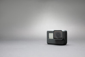 Close up view of action camera Go Pro Hero 5 for trip and extreme isolated on black background with...