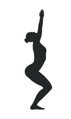 Woman in yoga pose graphic icon. Silhouette of a woman practicing yoga. Sign Isolated on the white background. Vector illustration