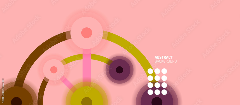 Poster flat style geometric abstract background, round dots or circle connections on color background. tech