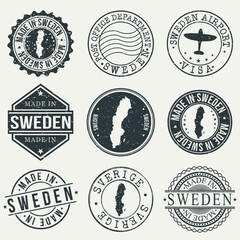 Sweden Set of Stamps. Travel Stamp. Made In Product. Design Seals Old Style Insignia.