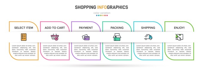 Concept of shopping process with 6 successive steps. Six colorful graphic elements. Timeline design for brochure, presentation, web site. Infographic design layout.