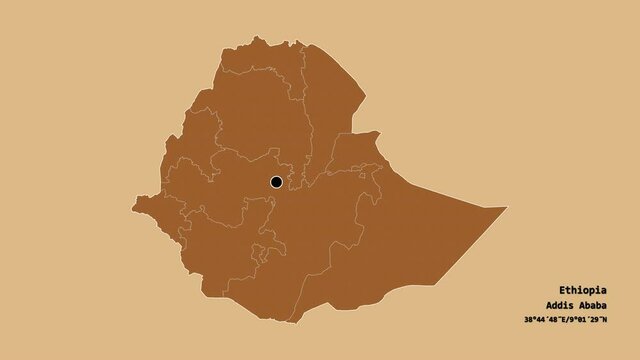 Amhara, state of Ethiopia, with its capital, localized, outlined and zoomed with informative overlays on a solid patterned map in the Stereographic projection. Animation 3D