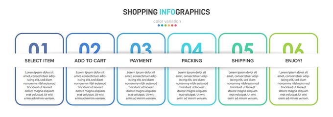 Concept of shopping process with 6 successive steps. Six colorful graphic elements. Timeline design for brochure, presentation, web site. Infographic design layout.