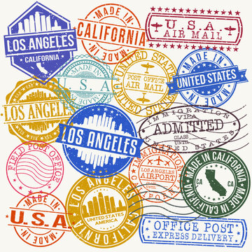 Los Angeles California Stamp Vector Art Postal Passport Travel Design Set Badge.