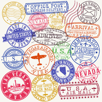 Las Vegas USA Stamp Vector Art Postal Passport Travel Design Set Badges.