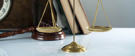 Law and justice concept, law symbols on bright background