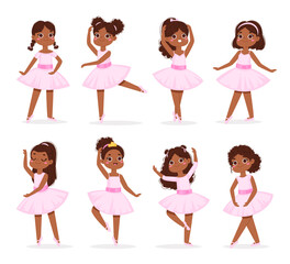 Big set of cute little African American ballerinas with various hairstyle in pink tutu dress. Ballet dancers in different poses, baby princess characters training in school class. Vector Illustration