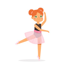 Cartoon cute little European ballerina girl with pretty red hair in pink tutu dress. Ballet dancer in elegant pose, baby princess character. Vector Illustration card, poster design, banner, web