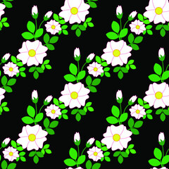 Black seamless pattern with white flowers and green leaves