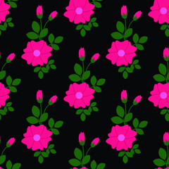 Black seamless pattern with pink flowers and green leaves