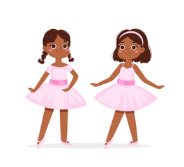 Cartoon cute little African American ballerinas with various hairstyles in pink tutu dresses. Ballet dancers in different poses, baby princess characters training in school class. Vector Illustration