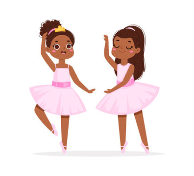 Cartoon cute little African American ballerinas with various hairstyles in pink tutu dresses. Ballet dancers in different poses, baby princess characters training in school class. Vector Illustration