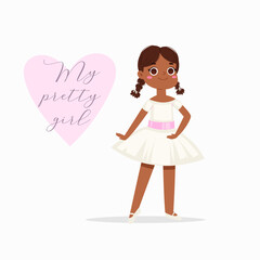 Cartoon cute little ballerina girl with pretty hair in tutu dress with text quote. Ballet dancer in elegant pose, baby princess character. Vector Illustration card, poster design, banner, print