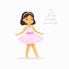 Cartoon cute little ballerina girl with pretty hair in tutu dress with text quote. Ballet dancer in elegant pose, baby princess character. Vector Illustration card, poster design, banner, print