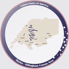 Round button with detailed map of Dillingham Census Area in Alaska, USA.