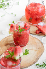 Homemade fresh watermelon drink, summer refreshing smothie with fresh friuts