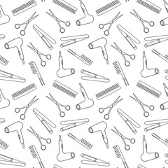 Hairdressing items on a white background, seamless pattern, flat vector