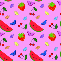 Linear vector summer set in color, seamless pattern, pink background
