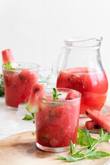 Fototapeta na wymiar Homemade fresh watermelon drink, summer refreshing smothie with fresh friuts