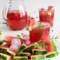 Homemade fresh watermelon drink, summer refreshing smothie with fresh friuts