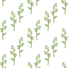 Seamless pattern in simple green branches on white background for fabric, textile, clothes, tablecloth and other things. Vector image.
