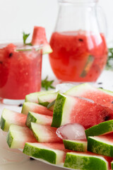 Homemade fresh watermelon drink, summer refreshing smothie with fresh friuts
