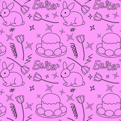 Set of black Easter doodles on a pink background, seamless pattern