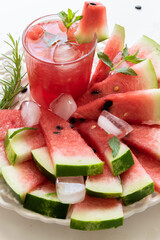 Homemade fresh watermelon drink, summer refreshing smothie with fresh friuts