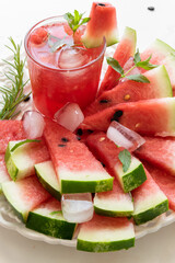 Homemade fresh watermelon drink, summer refreshing smothie with fresh friuts