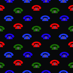 Black seamless pattern with red, blue, green and purple retro telephones
